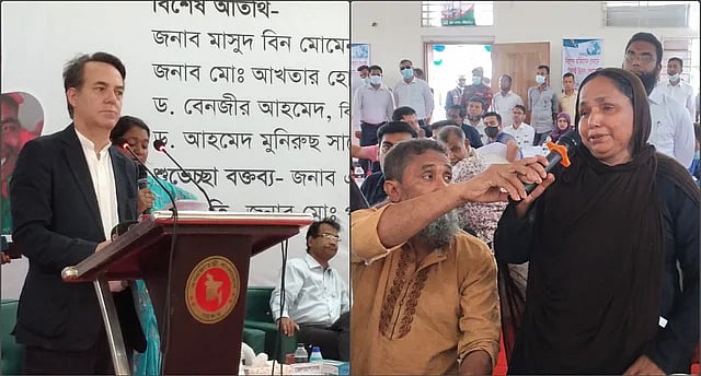 Mother Nasima Akhter bursts into tears seeking location of son at a views exchange meeting at the Shariatpur municipality auditorium on Friday.