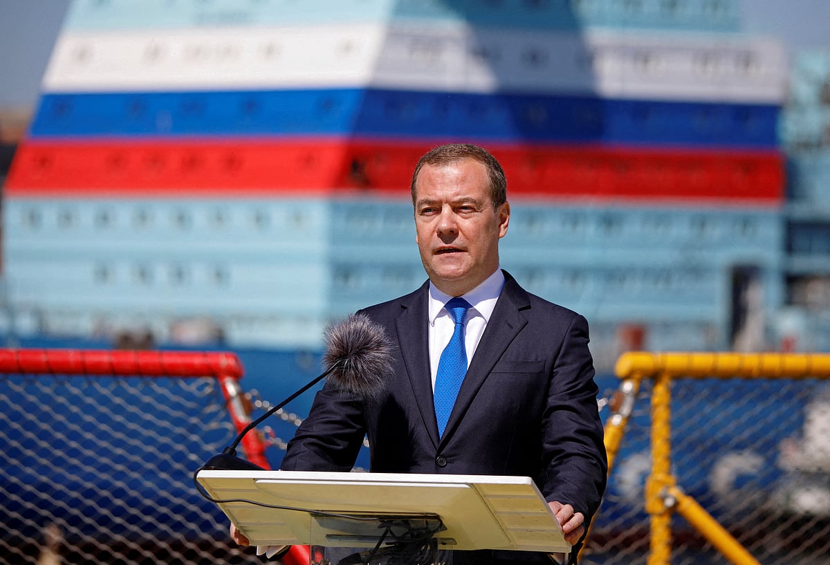 Dmitry Medvedev, Deputy Chairman of Russia's Security Council, delivers a speech during a ceremony marking Shipbuilder's Day in Saint Petersburg, Russia on 29 June, 2022