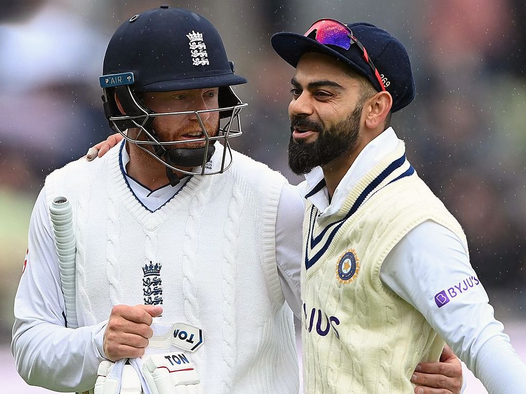 India's Virat Kohli with England's Jonny Bairstow during the second day of 5th Test match between India and England, at Edgbaston Stadium, in Birmingham on 3 July, 2022.