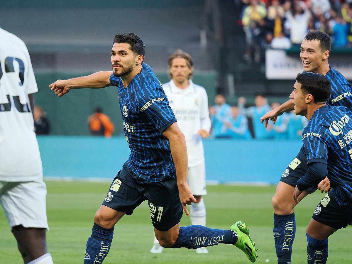 Club America forward Henry Martin celebrates after scoring a goal against Real Madrid during the first half at Oracle Park in San Francisco, California, US on 26 July, 2022