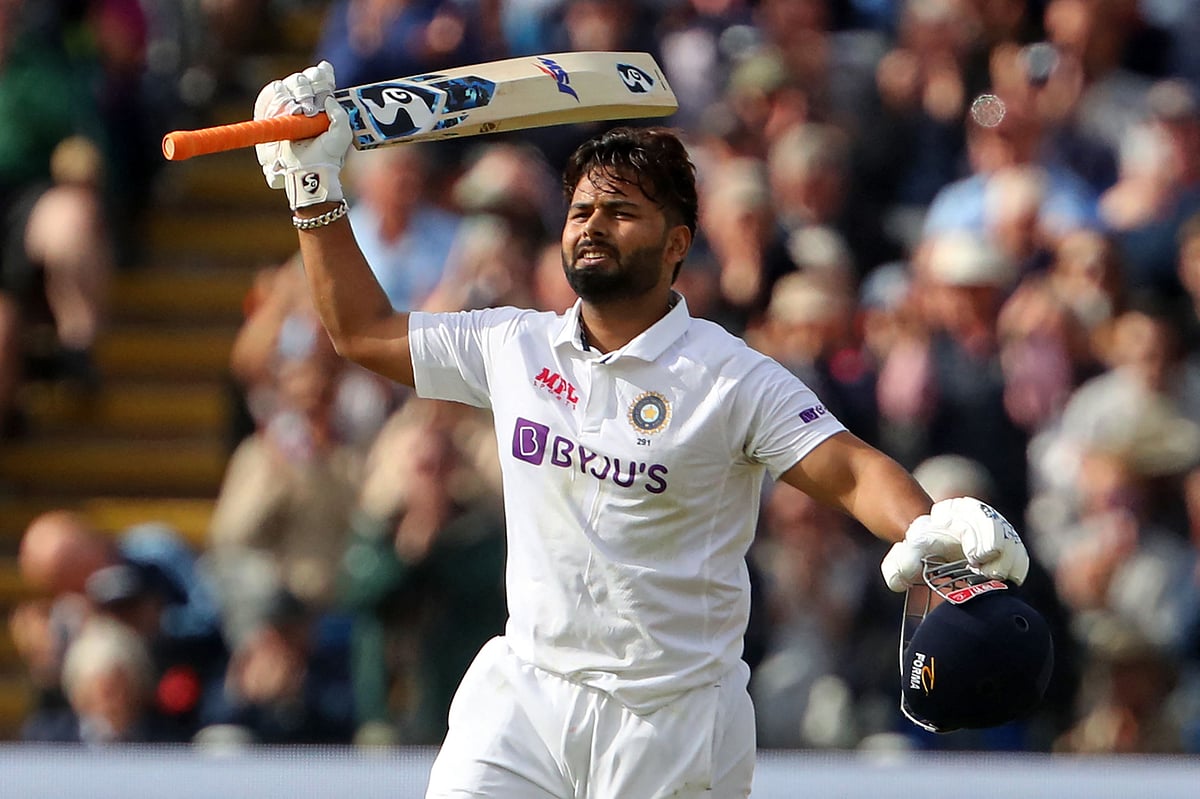 India's Rishabh Pant celebrates after reaching his century during play on Day 1 of the fifth cricket Test match between England and India at Edgbaston, Birmingham in central England on 1 July, 2022.