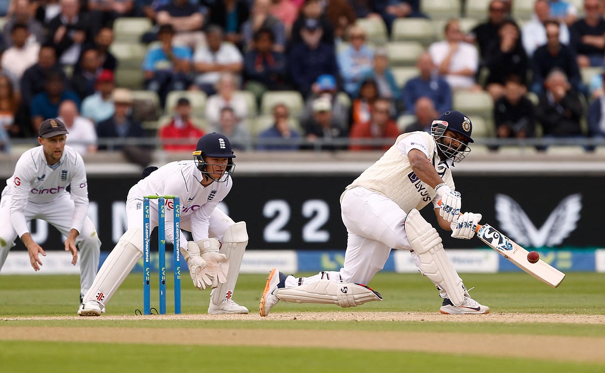 India's Rishabh Pant hits a four off England's Jack Leach on 4 July