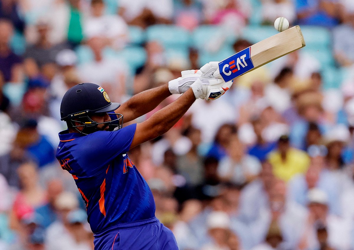India captain Rohit Sharma hits a six during their first ODI against England in London on 12 July, 2022