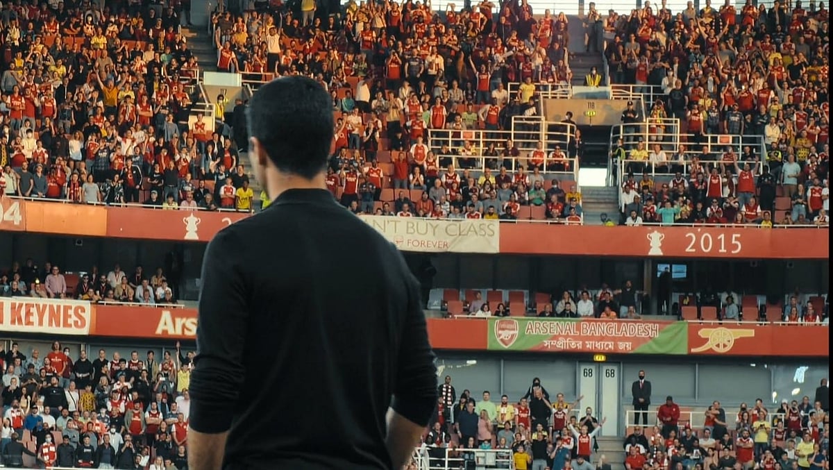 Arsenal Bangladesh banner visible at the stands during an Arsenal FC match at the Emirate Stadium in North London, England