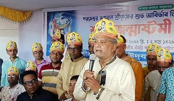 Planning minister MA Mannan is speaking at an event organised to mark Janmashtami at Kalibari temple premises in Sunamganj on Friday.