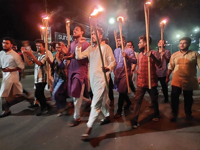 Leaders and activists of Chhatra Odhikar Parishad brought out a torch rally on Dhaka University (DU) campus in protest against the fuel price hike in the country on early Saturday.