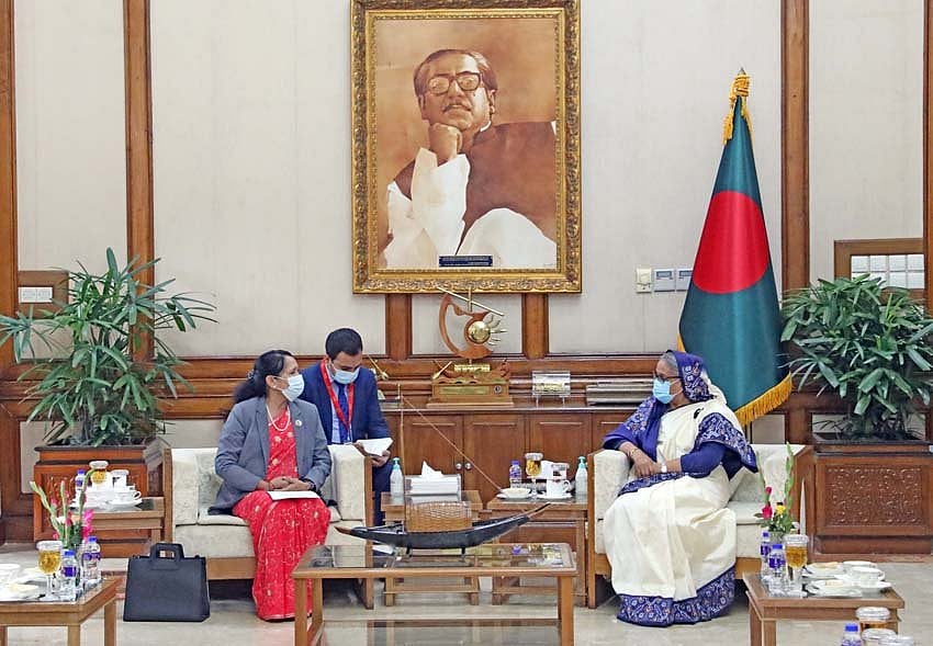A visiting parliamentary delegation from Nepal pays a courtesy call on prime minister Sheikh Hasina at her official residence Ganabhaban in the capital on Friday morning.