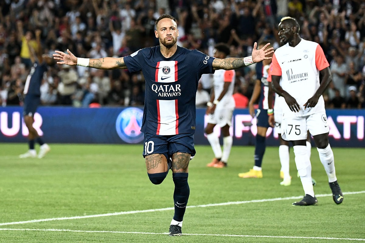 Paris Saint-Germain's Brazilian forward Neymar celebrates after scoring his team's third goal during the French L1 football match between Paris-Saint Germain (PSG) and Montpellier Herault SC at The Parc des Princes Stadium in Paris on 13 August, 2022
