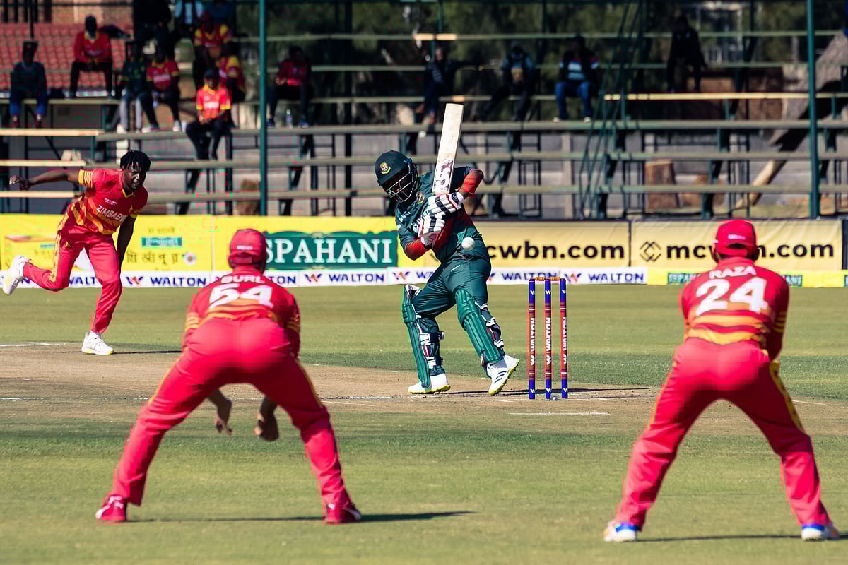 Tamim Iqbal lets a ball go during the 1st ODI against Zimbabwe on 5 August, 2022