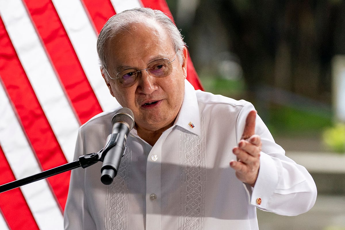 Philippine Ambassador to the US Jose Manuel Romualdez speaks during a US Trade and Development Agency Offshore Wind Grant Signing at Ayala Triangle Gardens in Manila on 6 August, 2022.