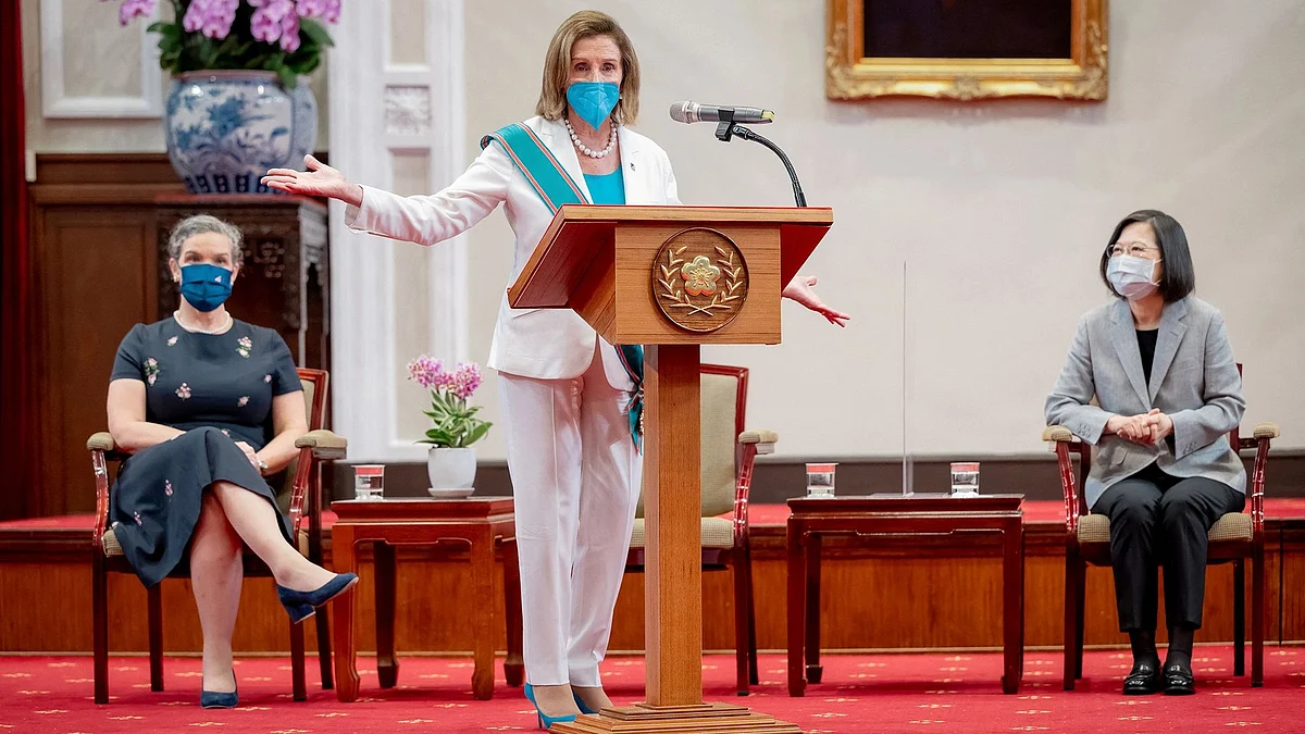 U.S. House of Representatives Speaker Nancy Pelosi speaks next to Taiwan President Tsai Ing-wen and American Institute in Taiwan (AIT) Director Sandra Oudkirk during a meeting at the presidential office in Taipei, Taiwan on 3 August, 2022