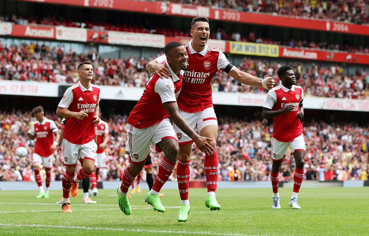 Arsenal's Gabriel Jesus celebrates scoring their fifth goal with Gabriel Martinelli