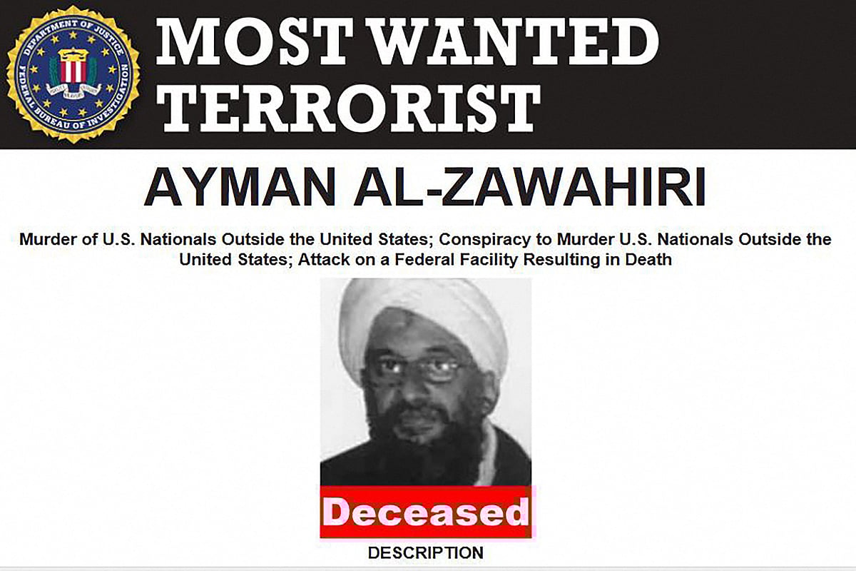 This handout image provided by the Federal Bureau of Investigation (FBI) on 1 August, 2022 shows the poster of Al-Qaeda chief Ayman al-Zawahiri after he was killed in a US counterterrorism operation
