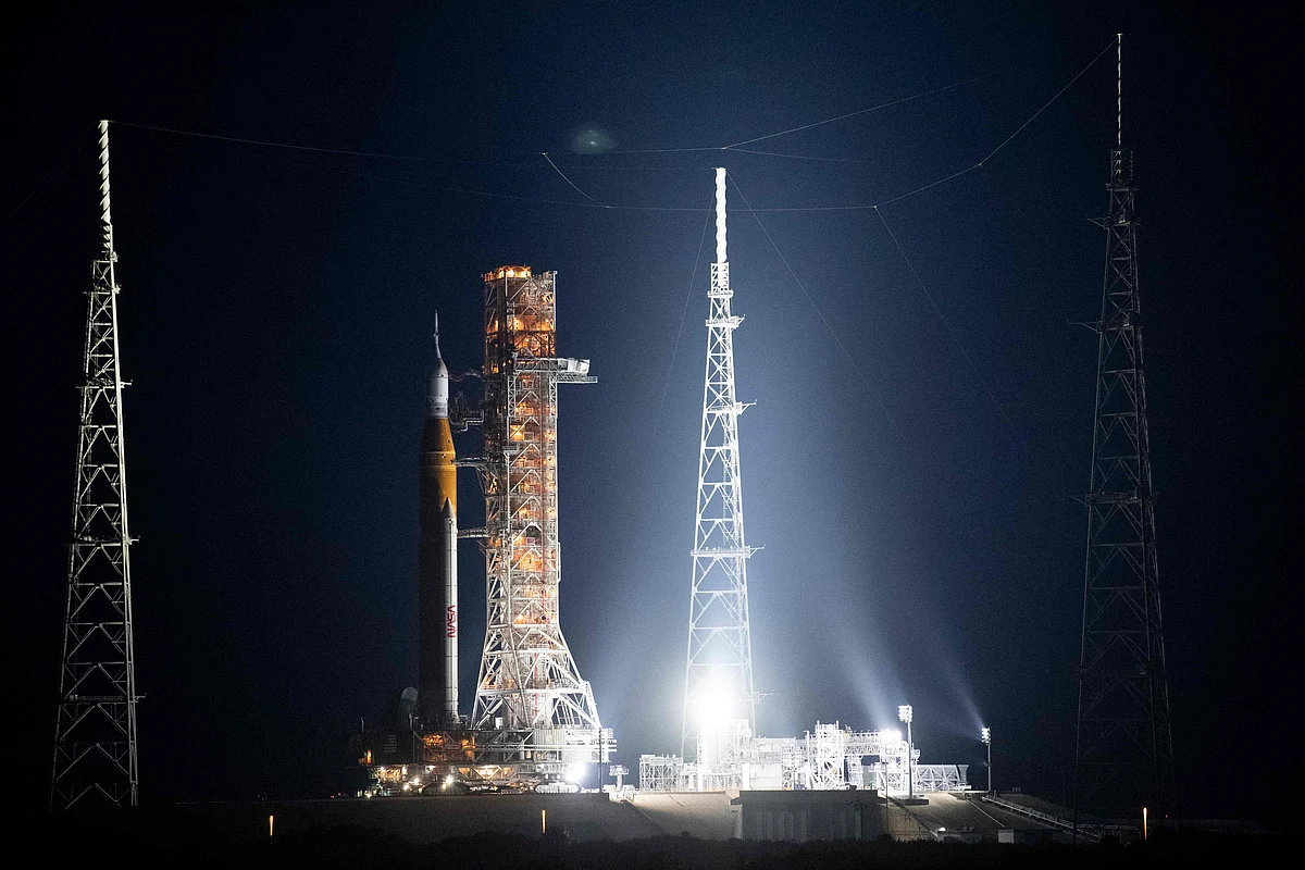 In this image released by NASA, the Artemis rocket with the Orion spacecraft aboard moves up the ramp at Launch Pad 39B, 17 August, 2022