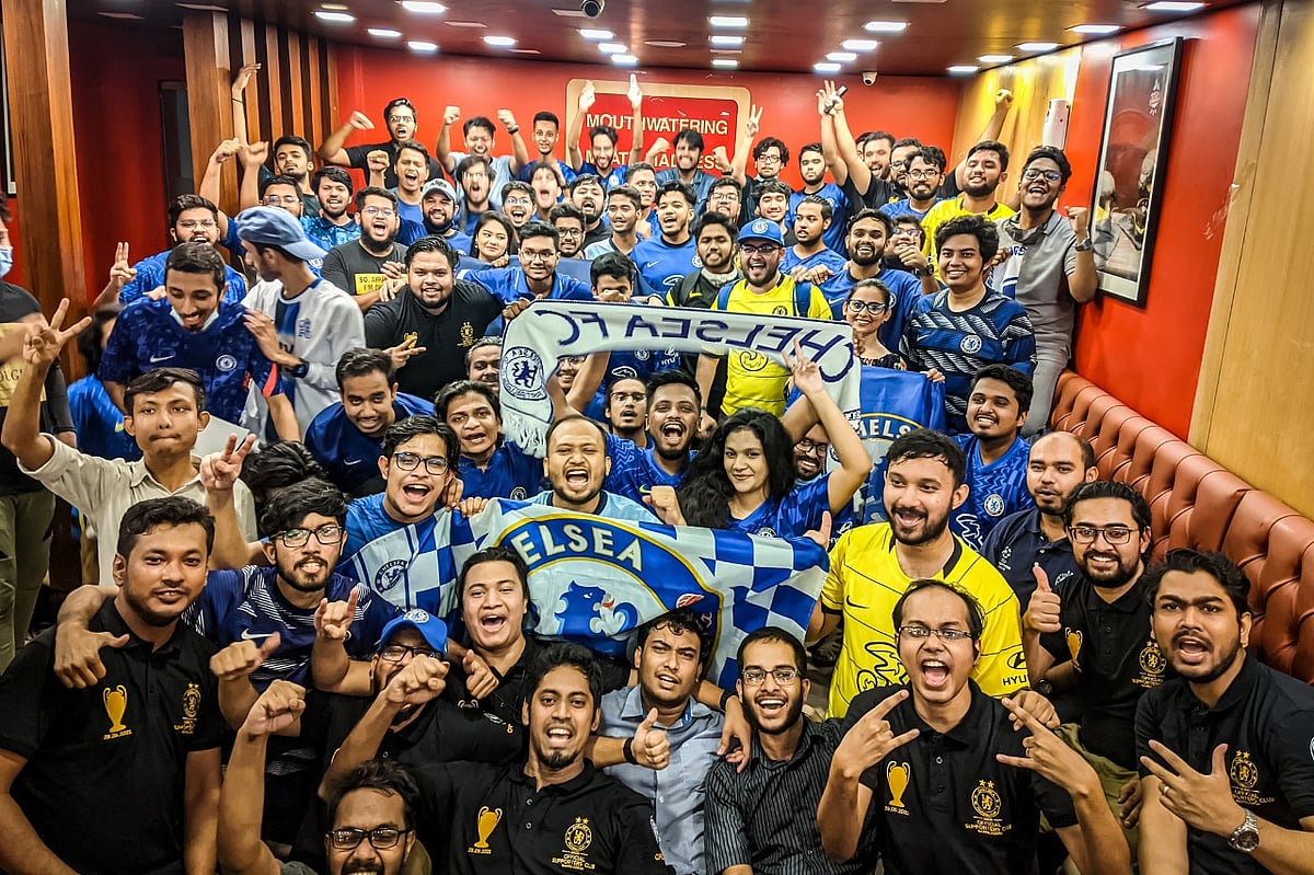 Members of Chelsea FC Bangladesh Supporters Club celebrate the 2021 UEFA Champions League triumph of Chelsea in Dhaka