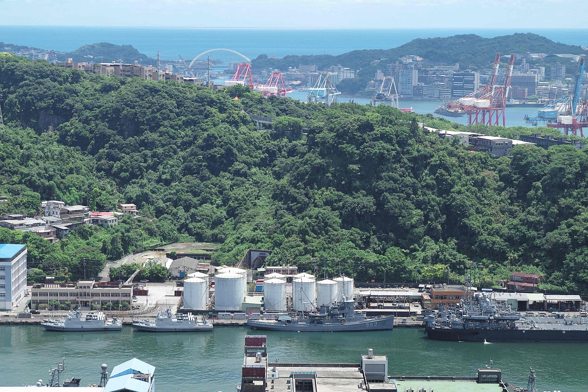 An aerial view shows Taiwanese navy ships (foreground) in Keelung harbour on 4 August 2022, as China held military exercises encircling Taiwan.