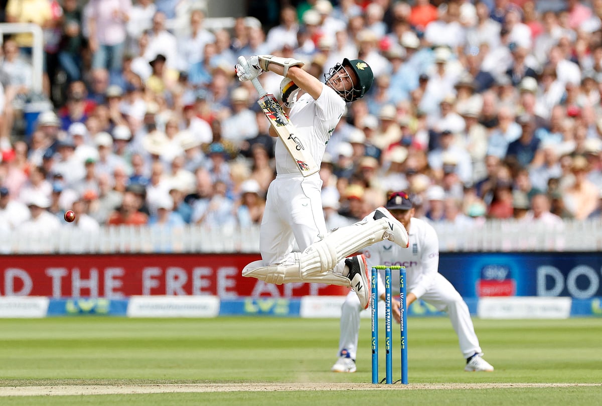 South Africa's Anrich Nortje swerves away from a bouncer in the morning session of Day 3 of the 1st Test against England at Lord's on 19 August, 2022