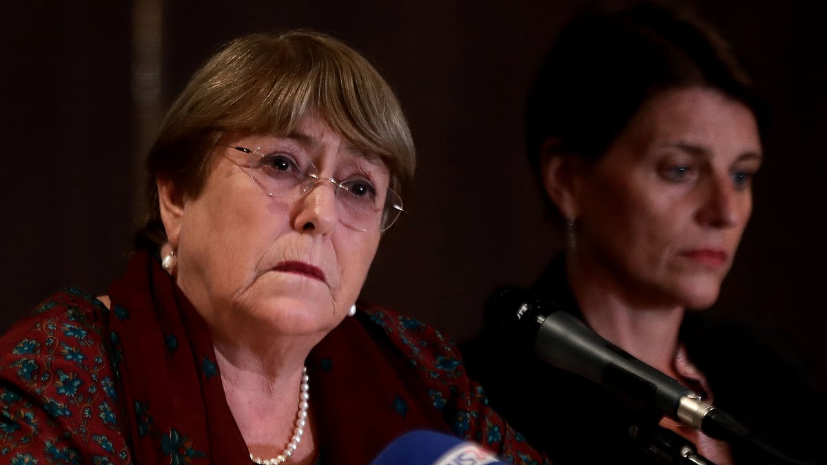 UN high commissioner for human rights Michelle Bachelet addresses a press conference in the hotel InterContinental Dhaka on 17 August 2022 after warping up her official visit to Bangladesh.
