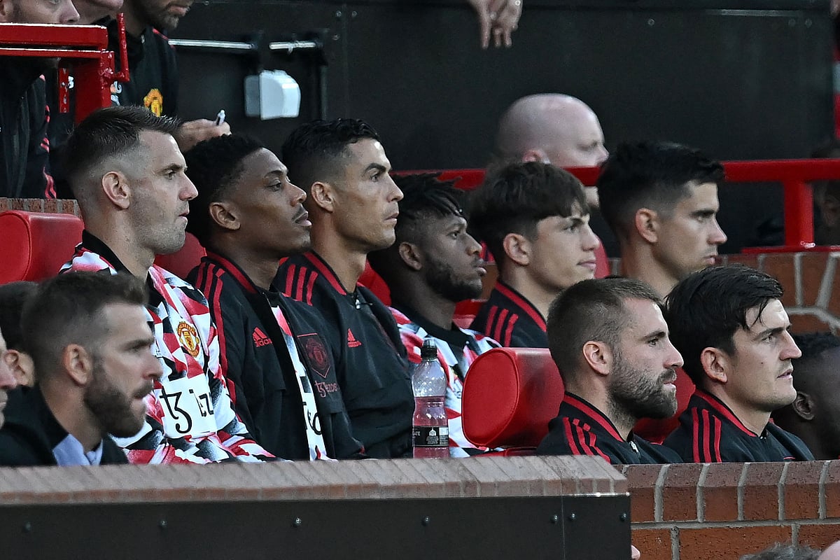 Manchester United's Portuguese striker Cristiano Ronaldo (4th L) takes place on the bench during the English Premier League match between Manchester United and Liverpool at Old Trafford in Manchester, north west England, on 22 August, 2022