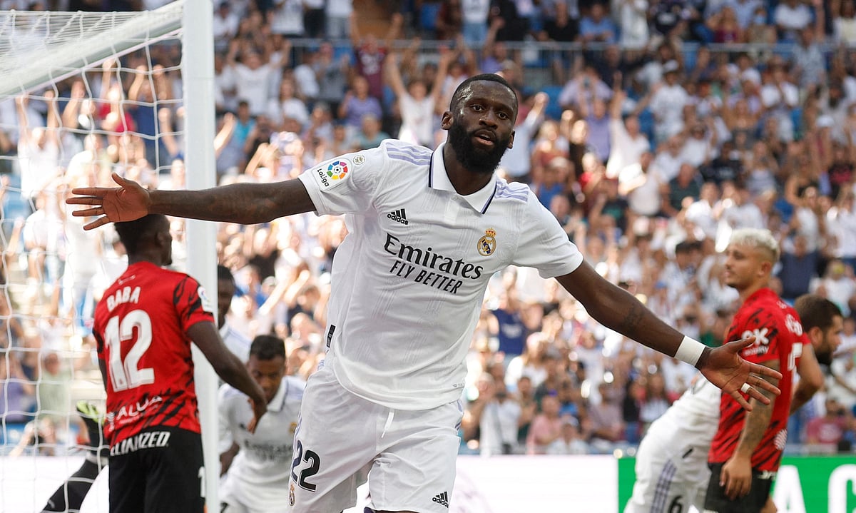 Real Madrid's Antonio Rudiger celebrates scoring their fourth goal in their LaLiga match against RCD Mallorca at the Santiago Bernabeu in Madrid, Spain on 11 September, 2022