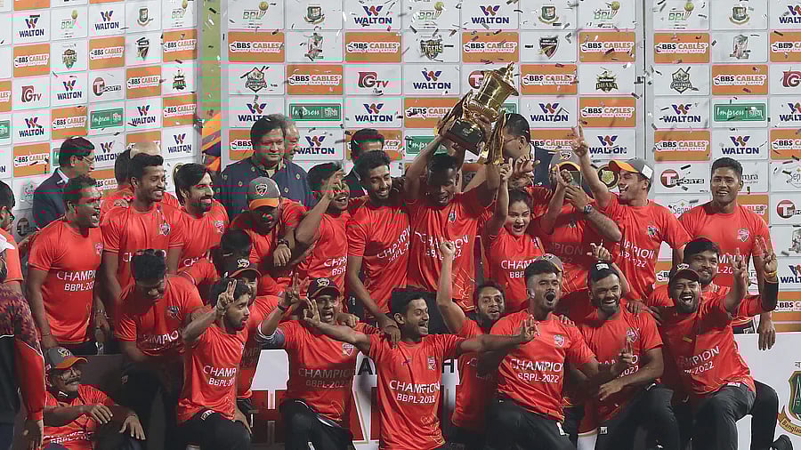 Comilla Victorians, champions of the seventh edition of the Bangladesh Premier League (BPL), celebrate with the trophy