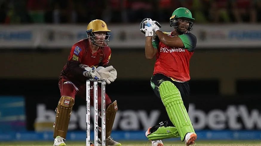 Guyana Amazon Warrior all-rounder Shakib Al Hasan plays a shot during their Caribbean Premier League match against Trinbago Knight Riders at the Providence Stadium in Guyana on 25 September, 2022