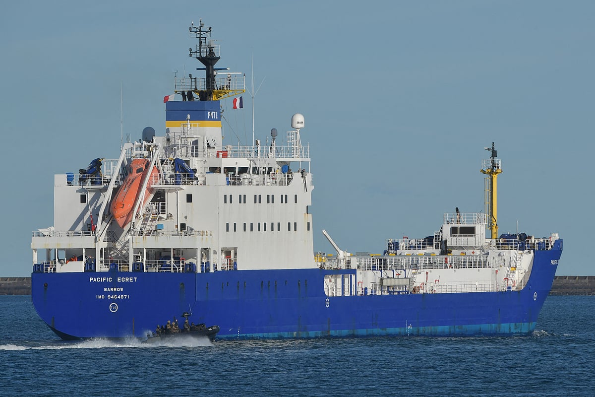 The "Pacific Egret", a purpose-built ship belonging to the Pacific Nuclear Transport Limited (PNTL) nuclear materials shipping company, loaded with radioactive Mixed Oxide Fuel (MOX), departs under military escort from the harbour of Cherbourg-Octeville, northwestern France on 17 September, 2022