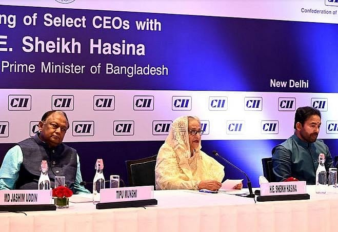 Prime minister Sheikh Hasina addresses a high level business event jointly organised by the FBCCI and Confederation of Indian Industry at the Ballroom of her palace of residence in New Delhi on 7 September 2022