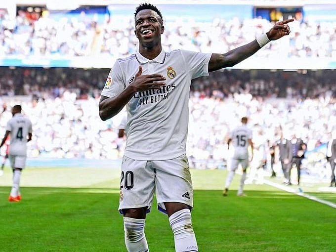 Real Madrid's Brazilian forward Vinicius Junior celebrates a goal with a dance on the pitch