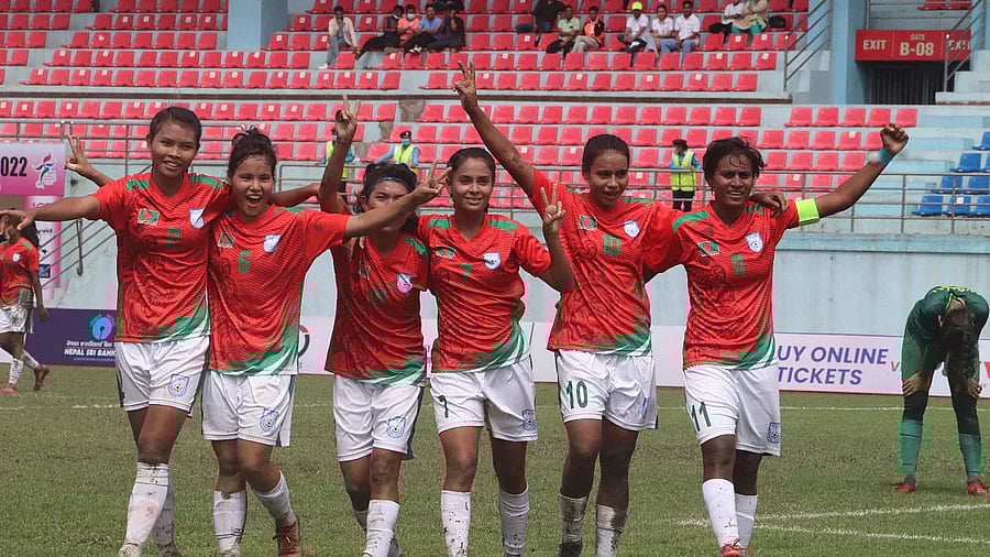 Bangladesh national women's football team celebrates after scoring against Pakistan in the group-stage match of the SAFF Women's Championship in Kathmandu, Nepal on 10 September, 2022