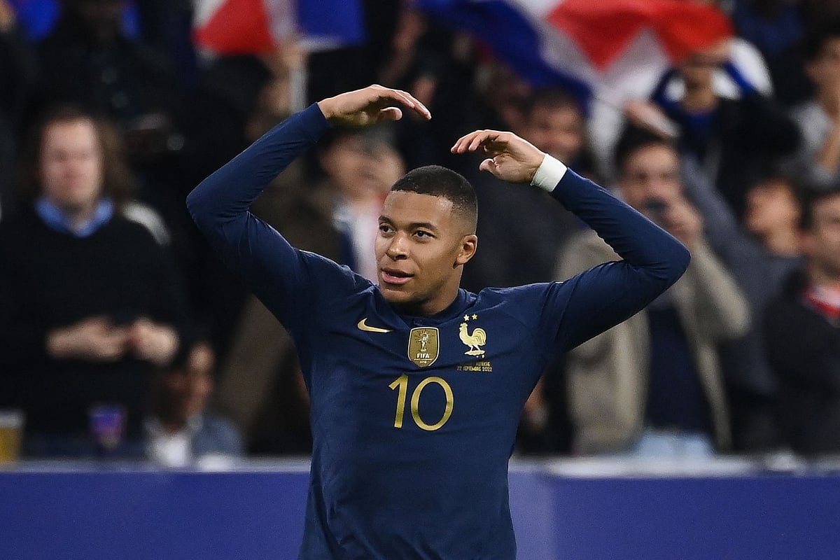 France's forward Kylian Mbappe celebrates after scoring during the UEFA Nations League, League A Group 1 football match between France and Austria at Stade de France in Saint-Denis, north of Paris, on 22 September, 2022