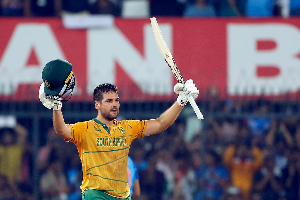 South Africa's Rilee Rossouw celebrates his century during the 3rd T20I match between India and South Africa, at Holkar Cricket Stadium, in Indore on 4 October, 2022