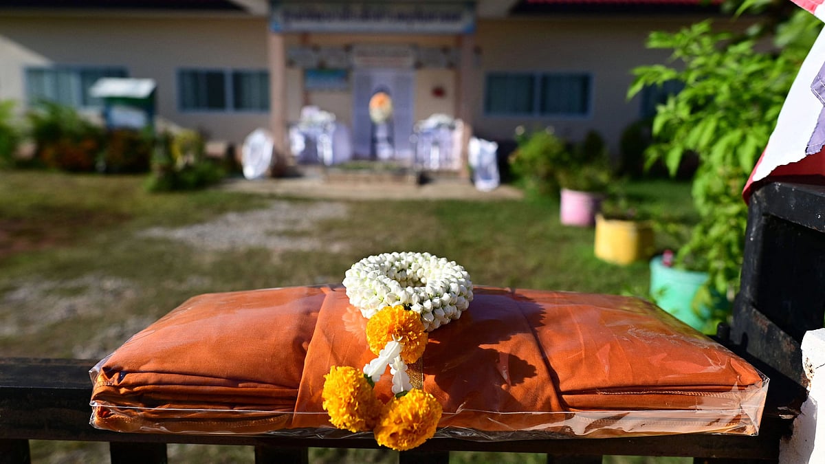 A prayer offering is displayed outside the nursery, where a mass shooting by a former police officer took place, in Na Klang in Thailand's northeastern Nong Bua Lam Phu province on 7 October 2022.
