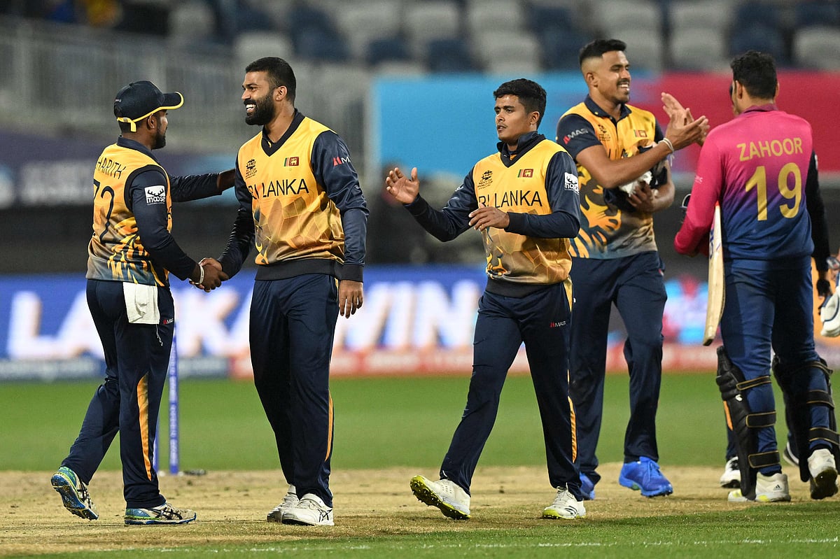 Team Sri Lanka celebrate their victory in the ICC men’s Twenty20 World Cup 2022 match between Sri Lanka and United Arab Emirates at Kardinia Park in Geelong on 18 October, 2022