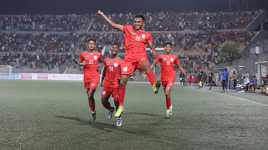 Bangladesh's Nazimuddin celebrates after scoring against Bhutan in their AFC Under-17 Asian Cup Qualifiers at Kamalapur, Dhaka on 7 October, 2022