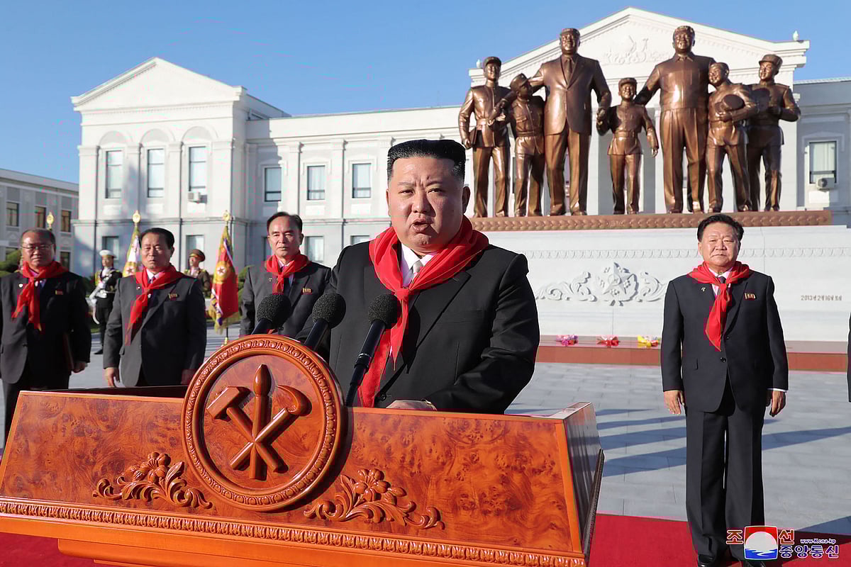 This picture taken on 12 October, 2022 and released from North Korea's official Korean Central News Agency (KCNA) on October 13, 2022 shows North Korean leader Kim Jong Un taking part in a ceremony to mark the 75th anniversaries of the founding of Mangyongdae Revolutionary School