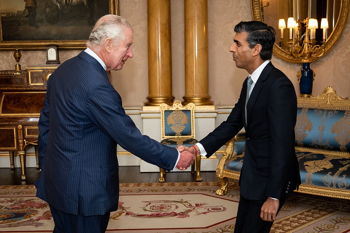 Britain's King Charles III greets newly appointed Conservative Party leader and incoming prime minister Rishi Sunak during an audience at Buckingham Palace in London on 25 October, 2022, where Sunak was invited to form a government.