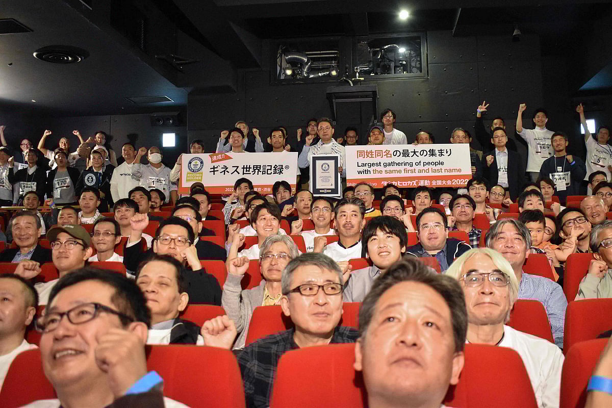 People named "Hirokazu Tanaka" attend a gathering in Tokyo on 29 October, 2022, in an attempt to break the Guinness World Record for "largest gathering of people with the same first and last name".