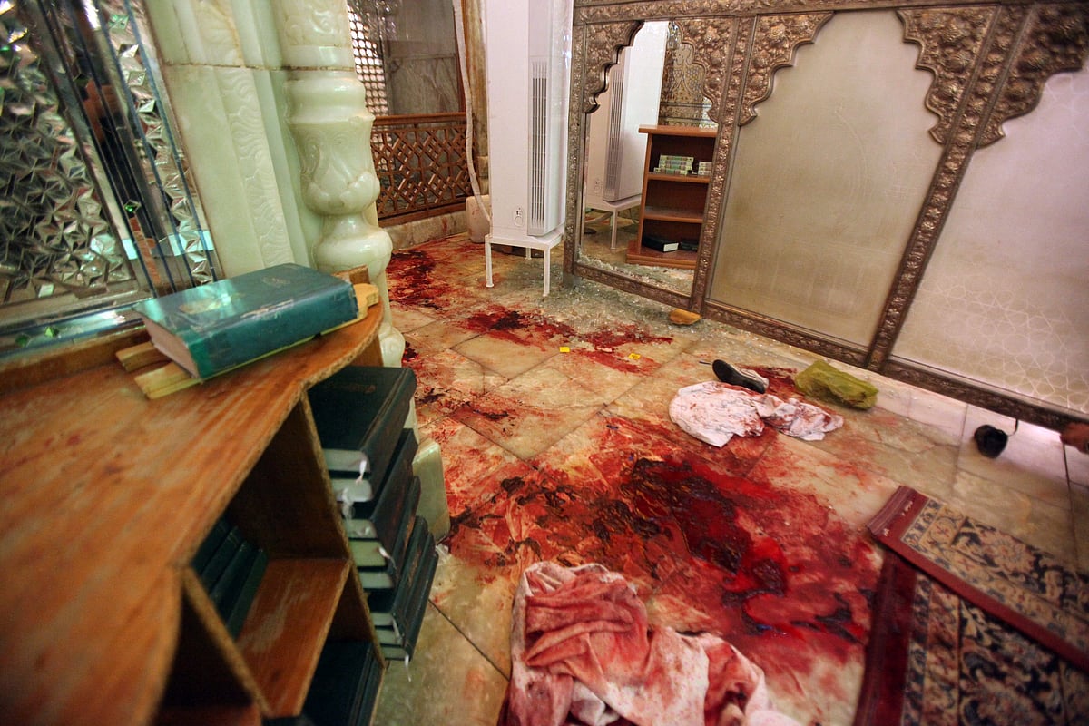 This picture shows blood stains following an armed attack at the Shah Cheragh mausoleum in the Iranian city of Shiraz on October 26, 2022