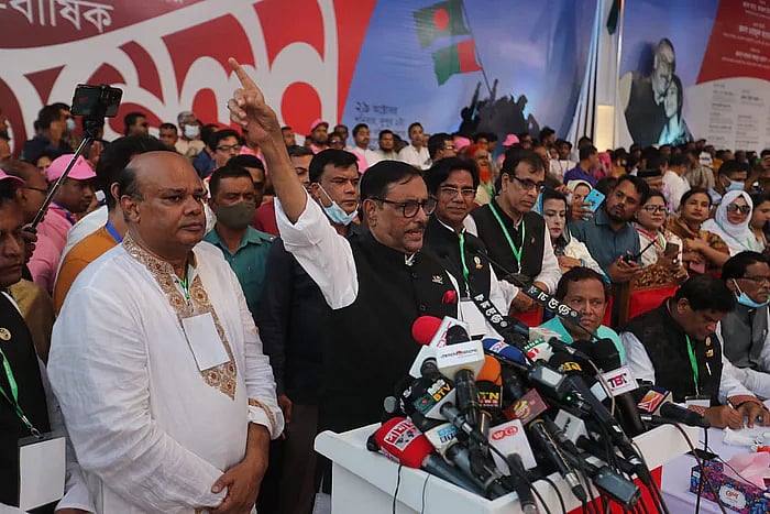 Awami League general secretary Obaidul Quader addressed the triennial council of Dhaka district Awami League on Saturday at the old trade fair ground in the capital’s Agargaon area