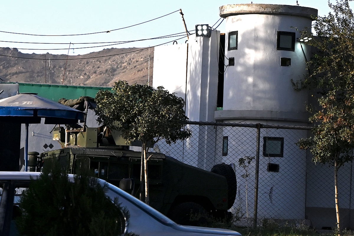 A Humvee armored vehicle is seen parked at the entrance gate of interior ministry after an explosion in a mosque in Kabul on 5 October 2022.