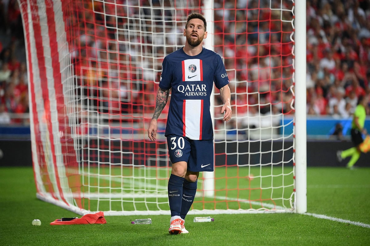 Paris Saint-Germain's Argentine forward Lionel Messi reacts during the UEFA Champions League 1st round day 3 group H football match between SL Benfica and Paris Saint-Germain, at the Luz stadium in Lisbon on 5 October, 2022