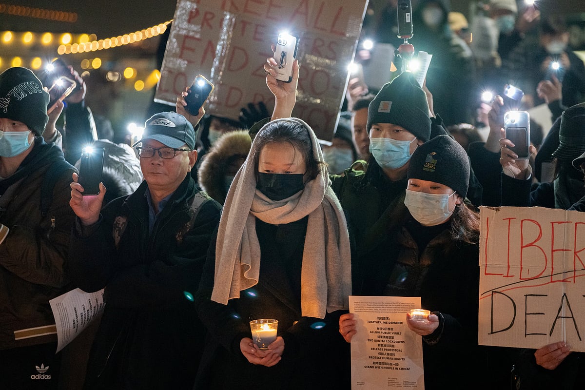 People take part in anti-Chinese government protests, amid China's "zero-COVID" policy, near the Chinese consulate in New York City, U.S., November 29, 2022