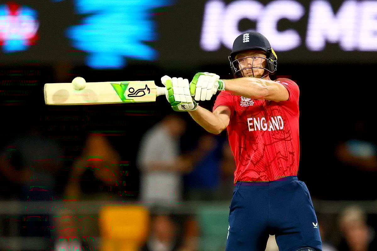 England's Captain Jos Buttler plays a shot during the ICC men's Twenty20 World Cup 2022 match between England and New Zealand at The Gabba on 1 November, 2022 in Brisbane