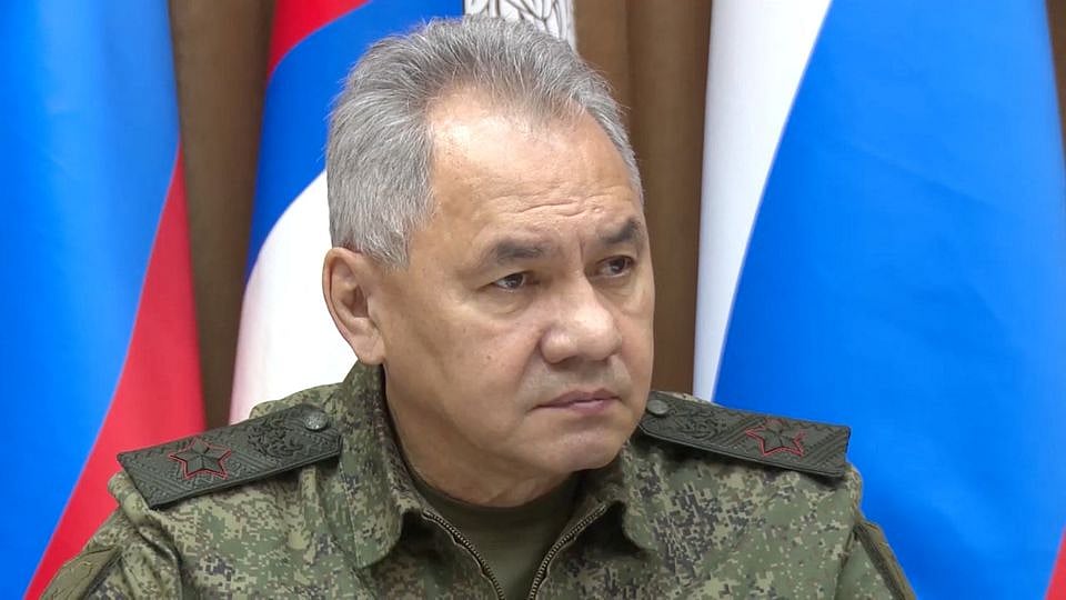 Russian defence chief Sergei Shoigu attends a meeting with officials of the Defence Ministry in an unknown location, in this still image taken from video released on 9 November, 2022.