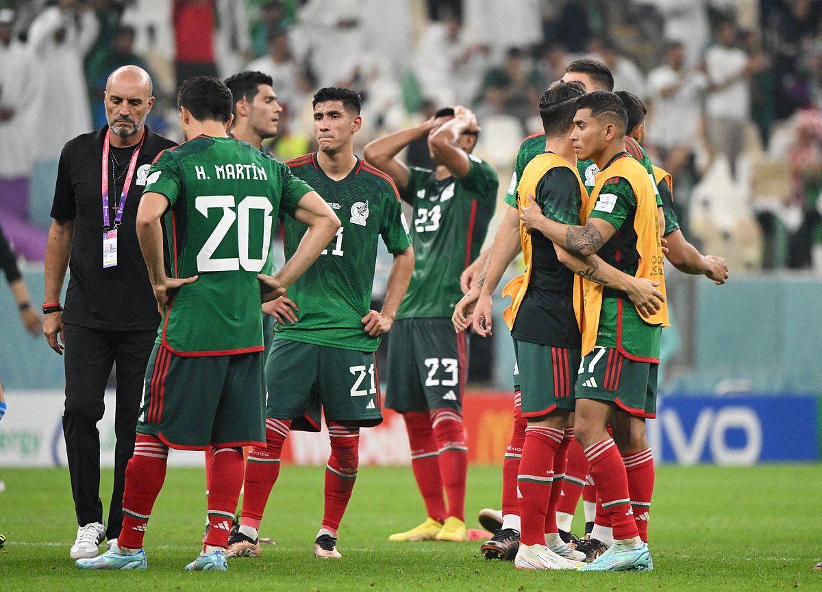 Mexico's Henry Martin, Uriel Antuna and Jesus Gallardo look dejected after the FIFA World Cup 2022 Group C match of Saudi Arabia v Mexico at the Lusail Stadium in Lusail, Qatar on 1 December, 2022 as Mexico are eliminated from the World Cup