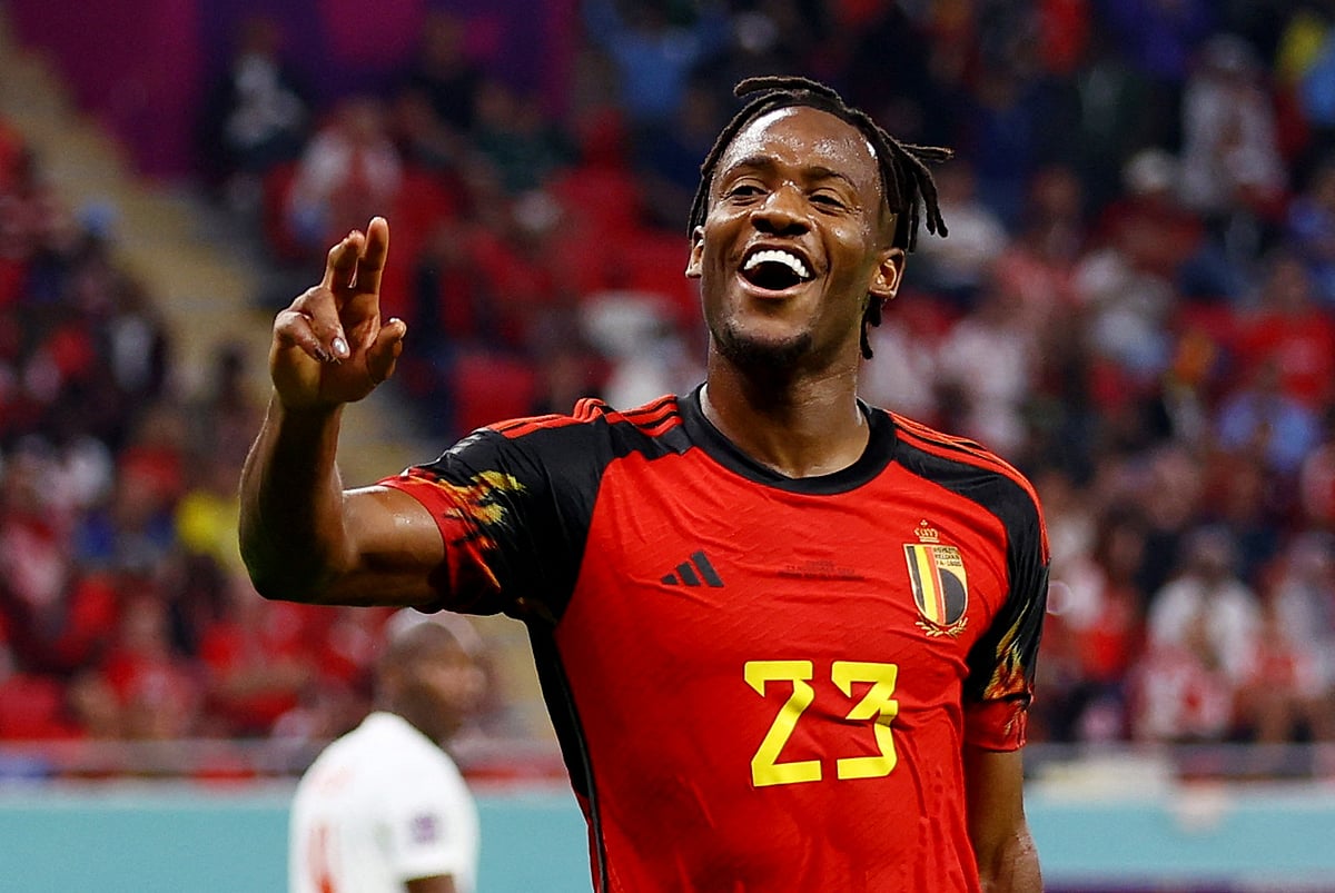 Belgium's Michy Batshuayi celebrates scoring their first goal in the FIFA World Cup 2022 Group F match of Belgium v Canada at the Ahmad Bin Ali Stadium in Al Rayyan, Qatar on 23 November, 2022