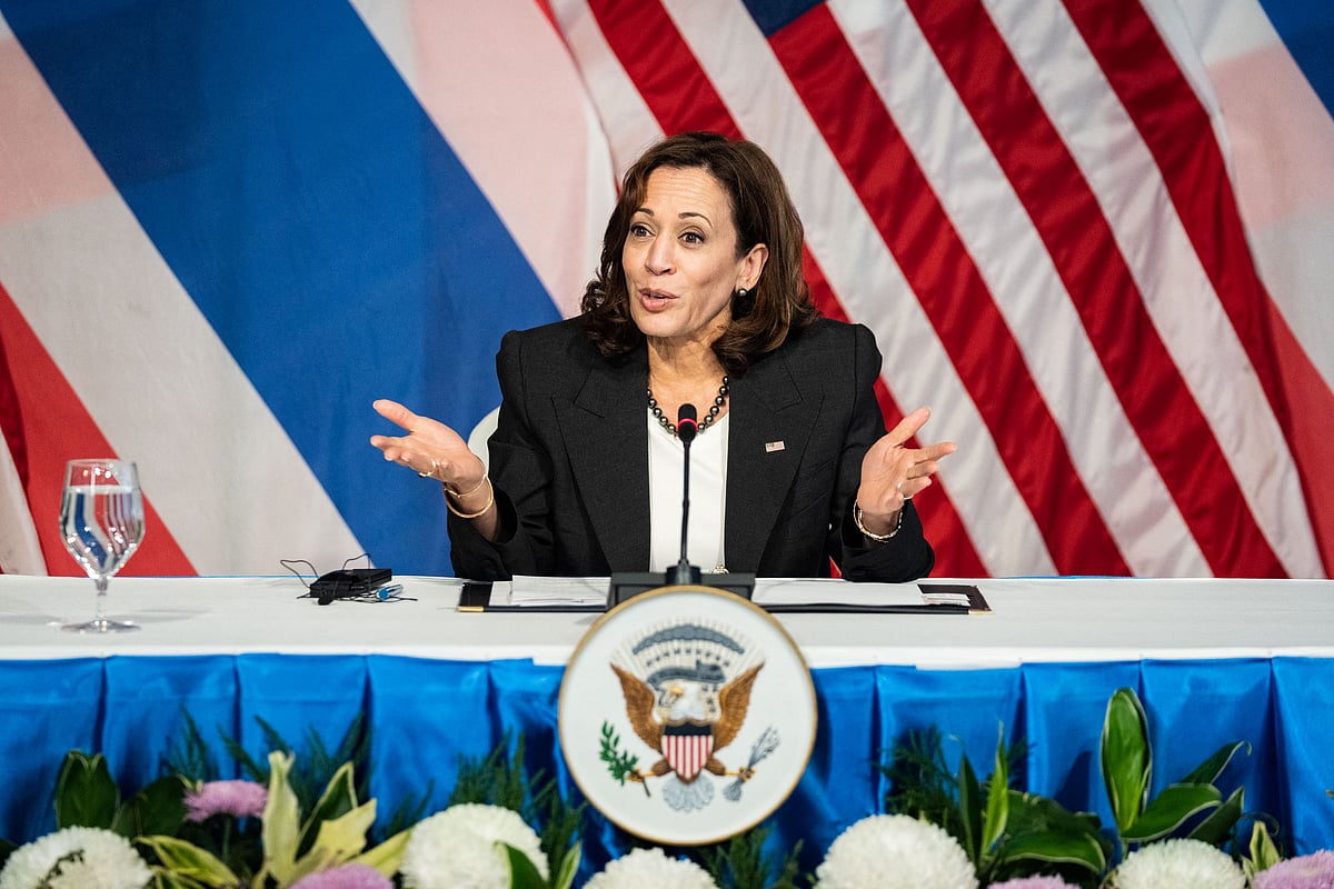 US vice-president Kamala Harris takes part in a forum with civil society members on climate and clean energy at the US Chief of Mission’s Residence in Bangkok on 20 November, 2022