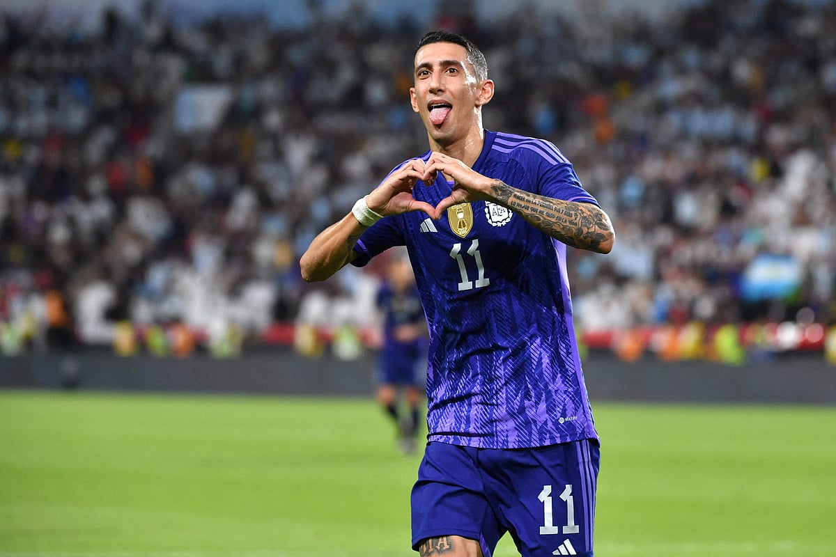 Argentina's midfielder Angel Di Maria celebrates after scoring during the friendly football match between Argentina and the United Arab Emirates at the Mohammed Bin Zayed Stadium in Abu Dhabi, on 16 November, 2022