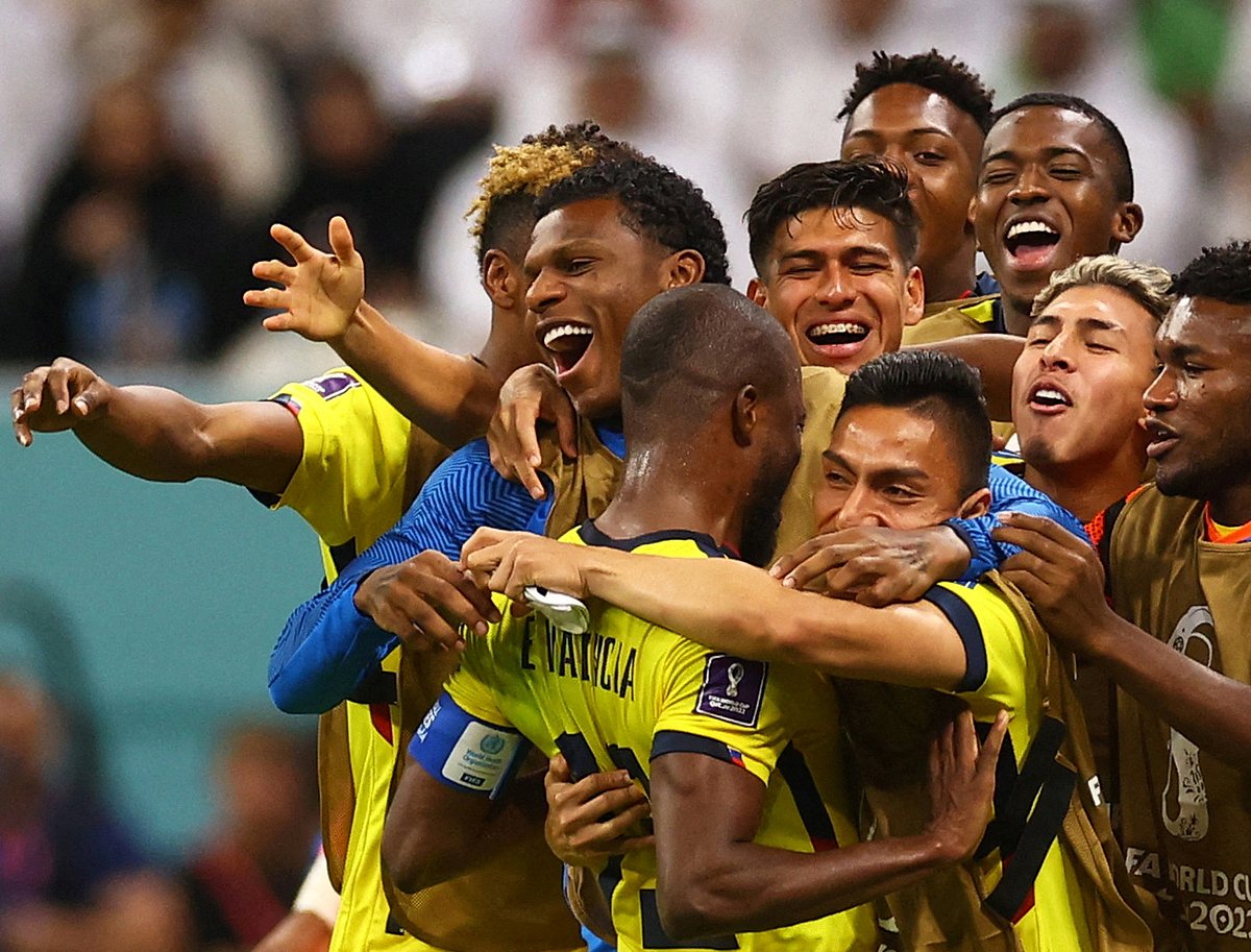 Ecuador's Enner Valencia celebrates with teammates after scoring their second goal against Qatar in the opening game of the FIFA World Cup 2022 at the Al Bayt Stadium, Al Khor, Qatar on 20 November, 2022